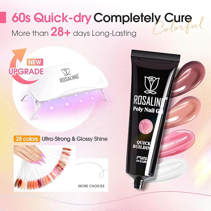 ROSALIND Poly Nail Gel Kit for Beginners - 28 Colors Extension Gel Set with UV/LED Nail Lamp, 72 Accessories (Base/Top Coat, Nail Forms, Tools), Long Lasting Salon Kit for DIY Manicure