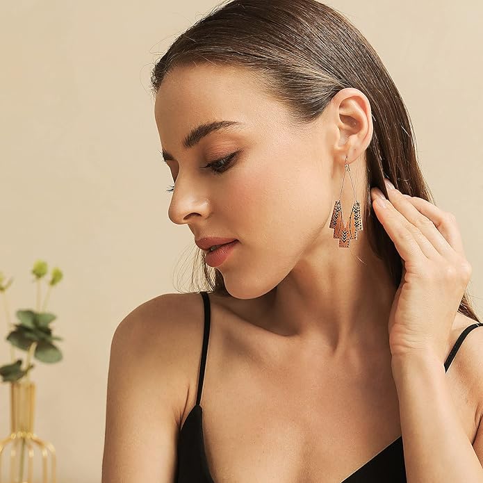 Zealmer Gold Geometric Earrings Statement Vintage Boho Ethnic Earrings Hollow Out Fan Shape Dangle Drop Earrings for Women Birthday Christmas Valentines Day Gift