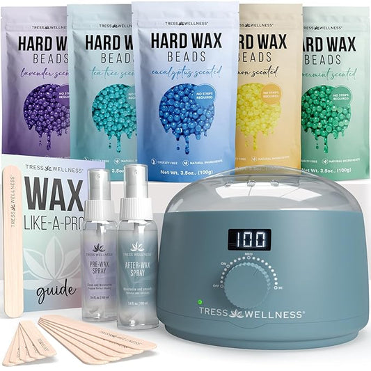 Tress Wellness Waxing Kit for Sensitive Skin – Safe for Face & Skin, Prep & Aftercare Spray, Easy to Use – At-Home Kit for Face, Bikini, Brazilian & Full Body - Digital Display, Blue