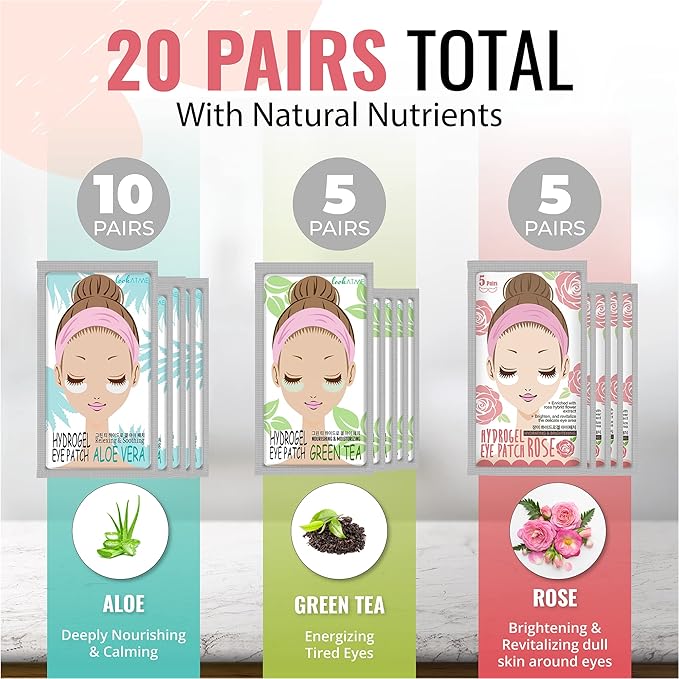 Under Eye Patches for Dark Circles and Puffiness (20 Pairs) - Korean Skin Care Caffeine Collagen Eye Patches for Puffy Eyes -Hydrogel Eye Patch - Under Eye Mask - Aloe Vera Rose Green Tea Gel Eye Pads