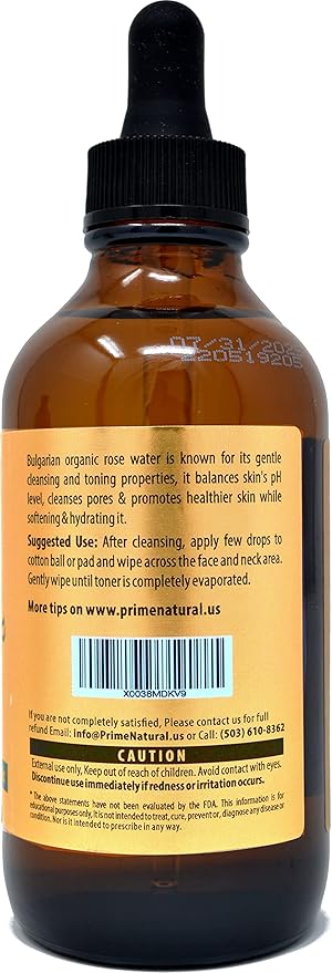 PRIME NATURAL Rose Water Spray 4oz/120ml, USDA Certified Organic, Facial Toner, Hydrating Mist for Face & Hair - Bulgarian, 100% Pure, Natural, Preservative-Free, Moisturizer from Fresh Rose Petals