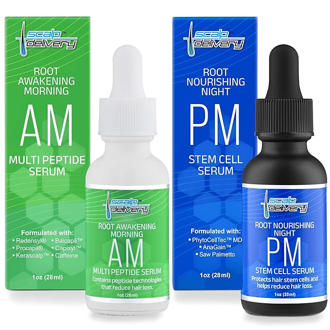 Peptide & Stem Cell Hair Growth Serum, AM & PM Bundle – Formula with Apple Stem Cells for Thicker, Stronger Hair – Stem Cell Scalp Serum for Hair Growth and Nourishment for Men & Women