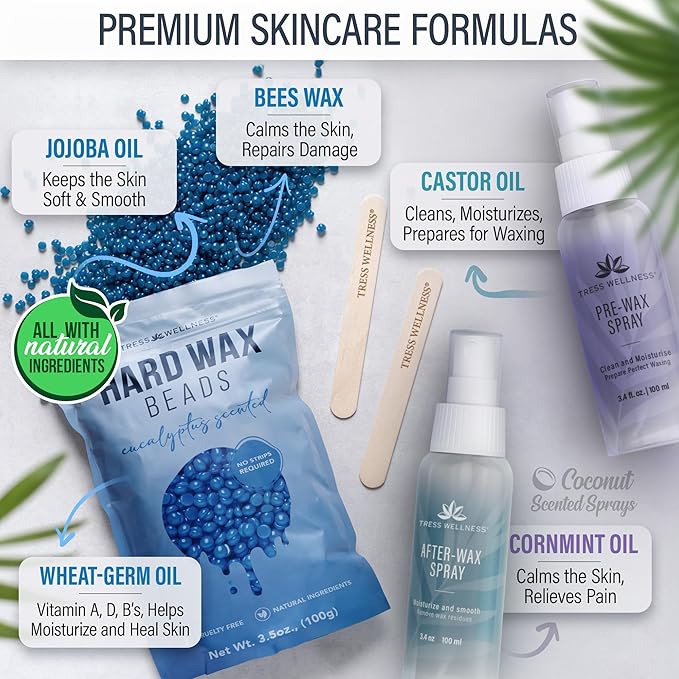 Tress Wellness Waxing Kit for Sensitive Skin – Safe for Face & Skin, Prep & Aftercare Spray, Easy to Use – At-Home Kit for Face, Bikini, Brazilian & Full Body - Digital Display, Beige