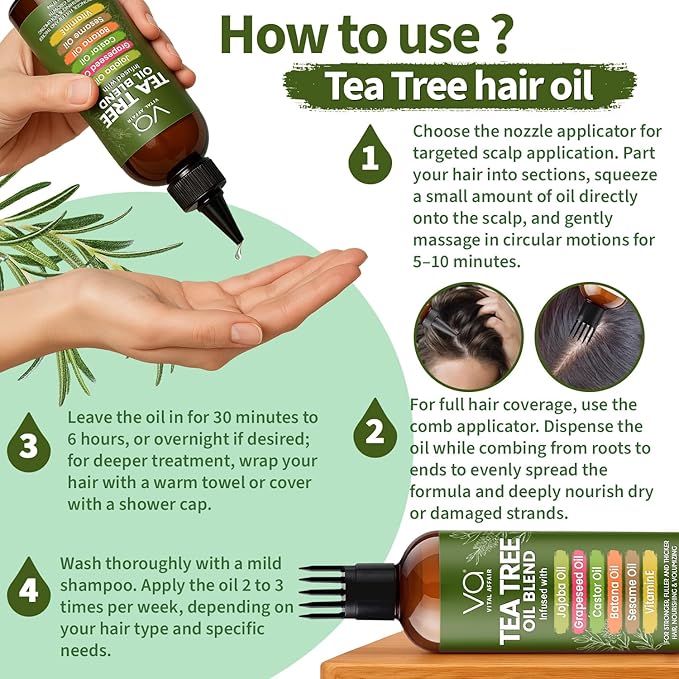 Tea Tree Oil For Hair With Jojoba, Castor, Batana Oil - Tea Tree Hair And Scalp Treatment - Hair Oil For Dandruff - Helps Strengthen, Volumize & Promotes Hair Growth - 6 Fl Oz