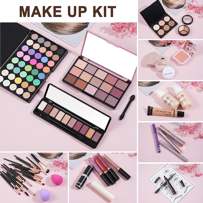 All in One Makeup Kit Makeup Kit for Women Full Kit Multipurpose Makeup ，eyeshadow、 liquid foundation,Loose powder,Eyebrow pencil,4-color lip gloss set