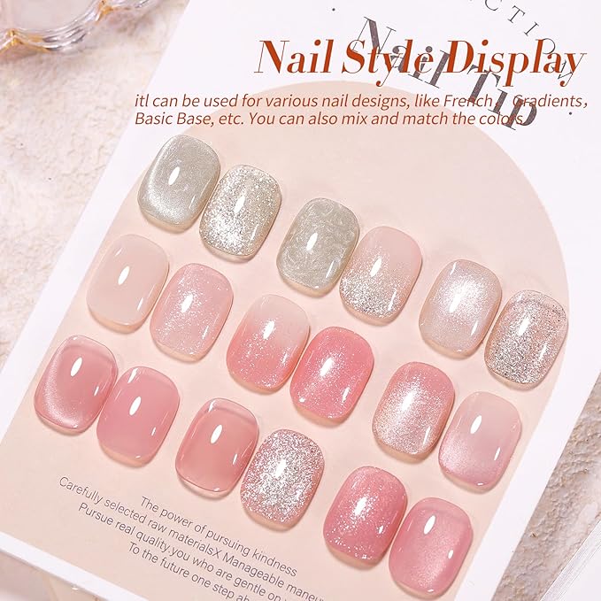 Born Pretty Gel Nail Polish Nude Pink Series,Jelly Transparent,Cat Magnetic Eye,Shimmer Glitter Holographic Nude Pink Gel Polish Kit for Salon Manicure and Nail Art DIY at Home 6Colors