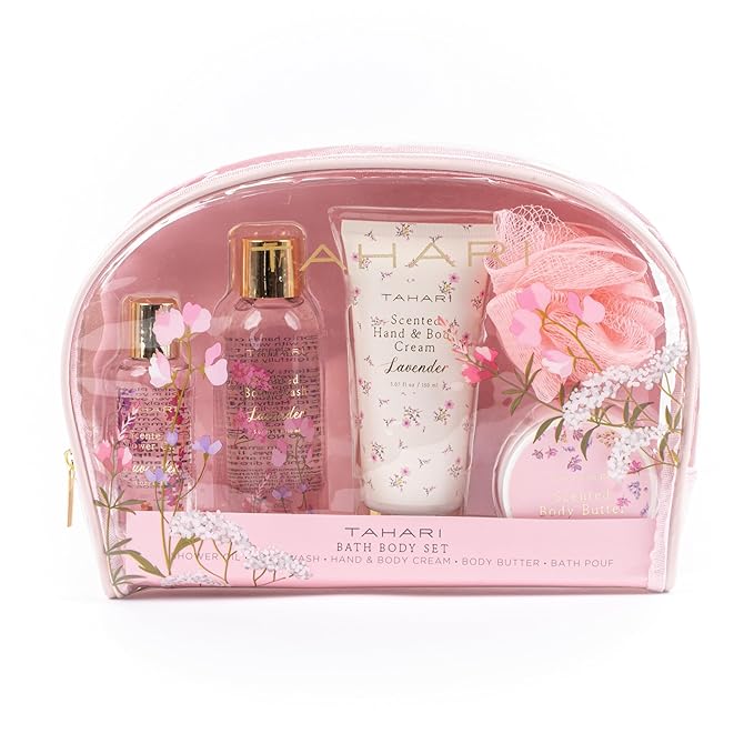Tahari Spa Gift Set for Women, Lavender Spa Set, Bath Kit for Women Gift Set Includes Scented Body Wash, Body Lotion, Body Butter & Pouf, Lotion Gift Set for Women, Birthday Gifts For Women - (Floral)