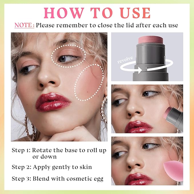 3PCS Blush Stick for Cheeks,Multi-use Solid Matte Makeup Stick Blush Cream for Cheek Eyes and Lips Tint,Moisturizing Tinted Cream Blush,Natural Blendable Cheek Blusher with 3 Makeup Sponges A3