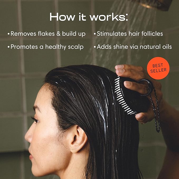 Jupiter Exfoliator Brush for Removing Dandruff and Build-Up, Detangling Scrubber for Wet or Dry Hair, Supports Circulation and Growth, Suitable for All Hair Types, Black