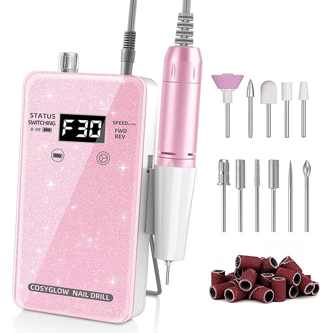 Professional Electric Nail Drill File:COSYGLOW Glitter Portable Cordless E-File Nail Drill Kit with 11 Drill Bits,30000 RPM Rechargeable Nail Drills Machine for Acrylic Nails Gel Polishing (Pink)