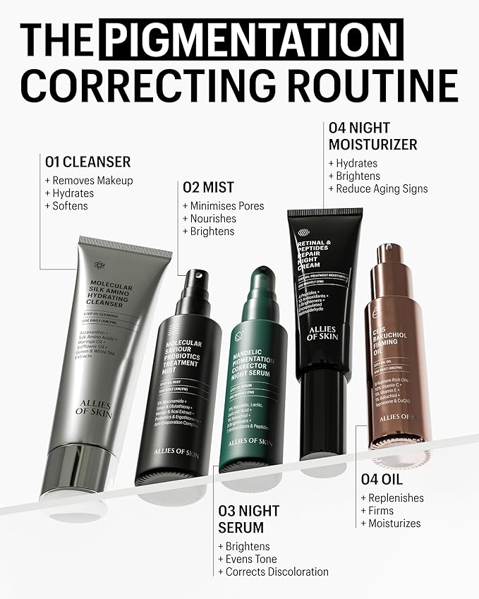 Allies of Skin Mandelic Pigmentation Corrector Night Serum | Gentle Acne Face Serum with Bakuchiol, Niacinamide & Salicylic Acid | Anti-Aging Formula to Reduce Pores and Even Skin Tone (1 oz)