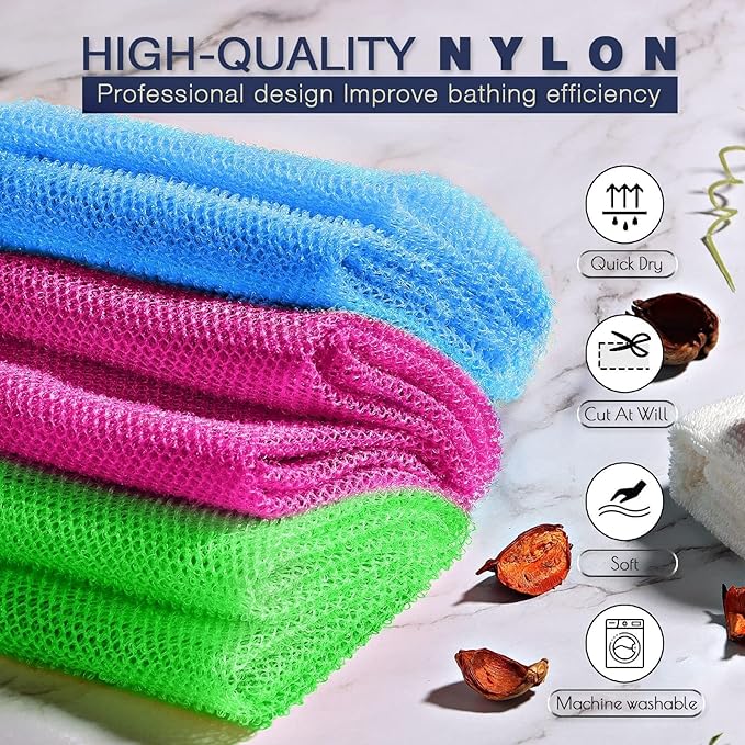 UJFQBH 3 Pieces African Bath Sponge African Net Long Net Bath Sponge Exfoliating Shower Body Scrubber Back Scrubber Skin Smoother,Great for Daily Use (Rose Red, Blue, Green)