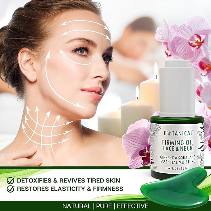 Botanical Face & Neck Firming Oil | Anti-Wrinkle Ginseng & Squalane Serum w/Gua Sha Lift Scraper | Organic, Pure, Natural Skincare (0.6 fl oz | 18 ml)