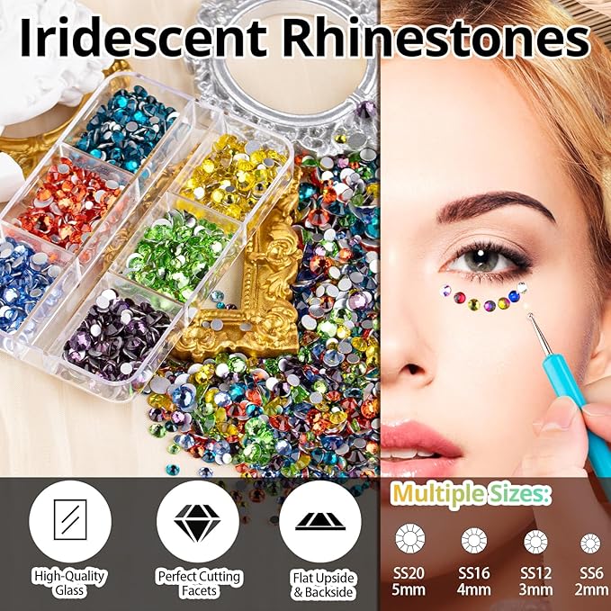 Colorful Face Gems for Makeup Set, Flatback Gorgeous Glass AB Gems+Mixed-Colored Crystals with Picker Pencil, Makeup Glue, Dual-End Dotting Tool, Tweezer for Eye Body Hair Make-up and Nail Art Deco