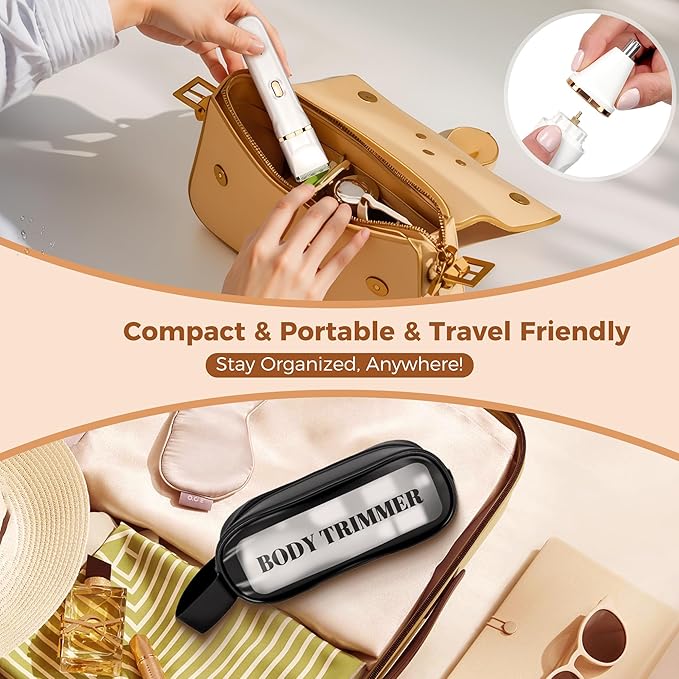 Bikini Trimmer for Women, 5-in-1 Waterproof Electric Razors for Women, Rechargeable Pubic Hair Trimmer, Electric Shaver with Travel Pouch, Body Shaver for Private Area Underarm Leg Face Nose, White