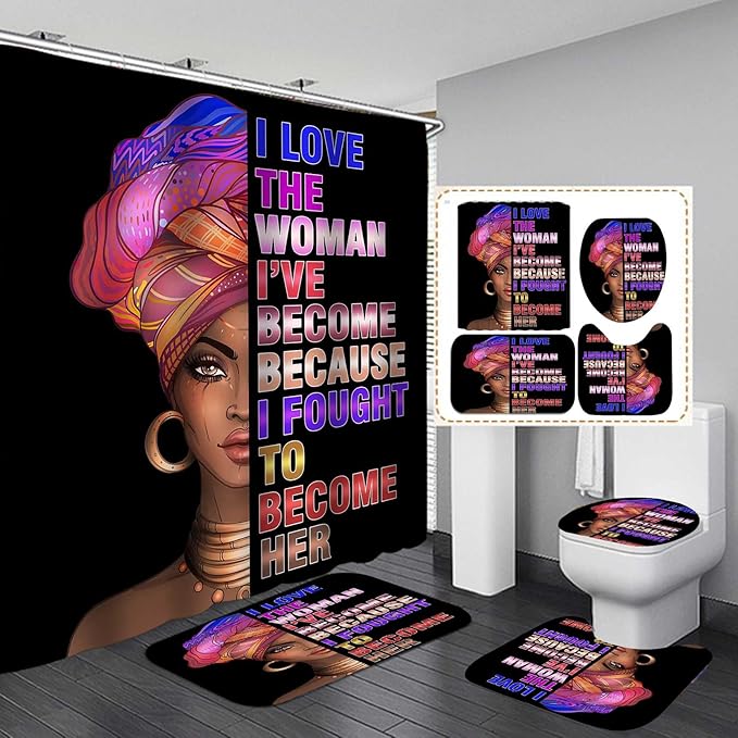 4PCS African American Shower Curtain Set, Black Shower Curtain, Black Girl Magic Afro Girl Black Pride Melanin Queen Black Women Bathroom Decor, Non-slip Bath Mat Inspirational Gifts for Women