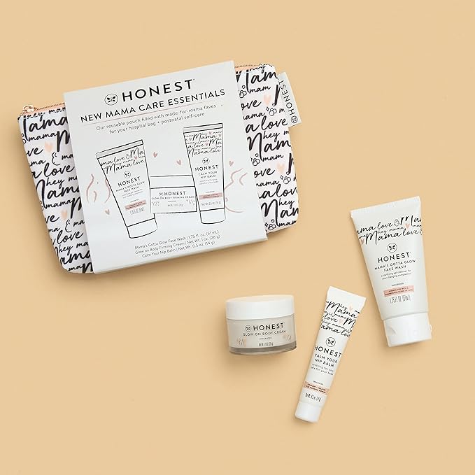 The Honest Company New Mama Care Essentials Gift Set | Hospital Bag Must Haves | Travel Size Nip Balm (0.5 oz), Glow On Body Cream (1 oz), Gotta Glow Face Wash (1.75 fl oz), Reusable Pouch