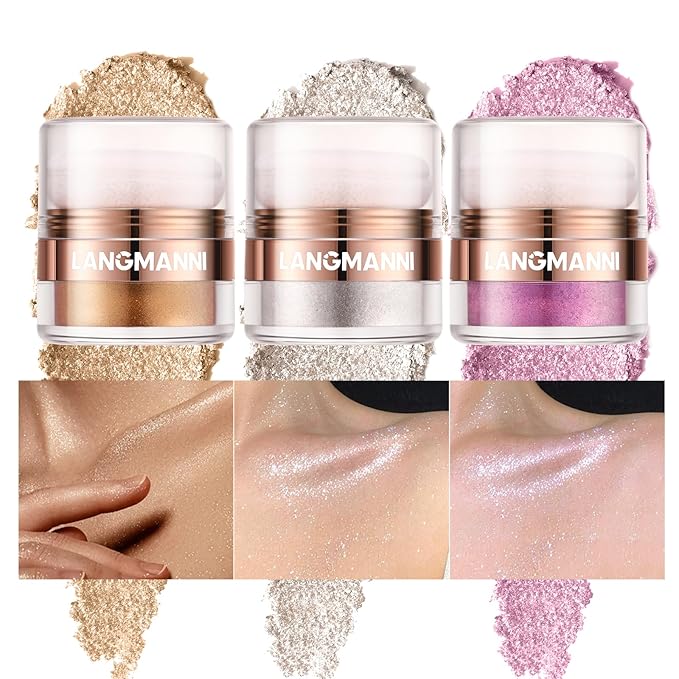 Glitter Body Highlighter Powder Body Shimmer Sparkle Face Brightening Highlighter Powder for Face Eyes Body Glow Makeup With sponge head（ Golden）