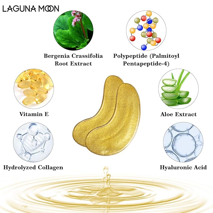 24K Gold Eye Mask, Anti-Aging Hydrolyzed Collagen and Hyaluronic Acid Under Eye Patches for Puffy Eyes & Bags, Dark Circles and Wrinkles, 16 pairs