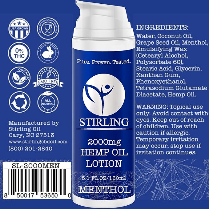 STIRLING Menthol Lotion + Hemp Oil – Maximum strength relief with cooling menthol and 100% pure hemp oil to soothe joints, relax muscles, and hydrate with aloe vera. 5 fl oz. (2000mg, Menthol)