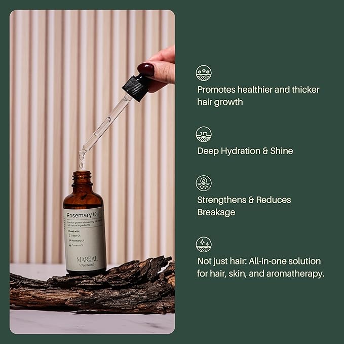 Pure Rosemary Oil for Hair Growth & Scalp Health | Infused with Castor & Coconut Oil | Hair Thickening & Regrowth Treatment for Women & Men | 100% Natural | Up to 2-Month Supply | 1.7 fl oz | MAREAL