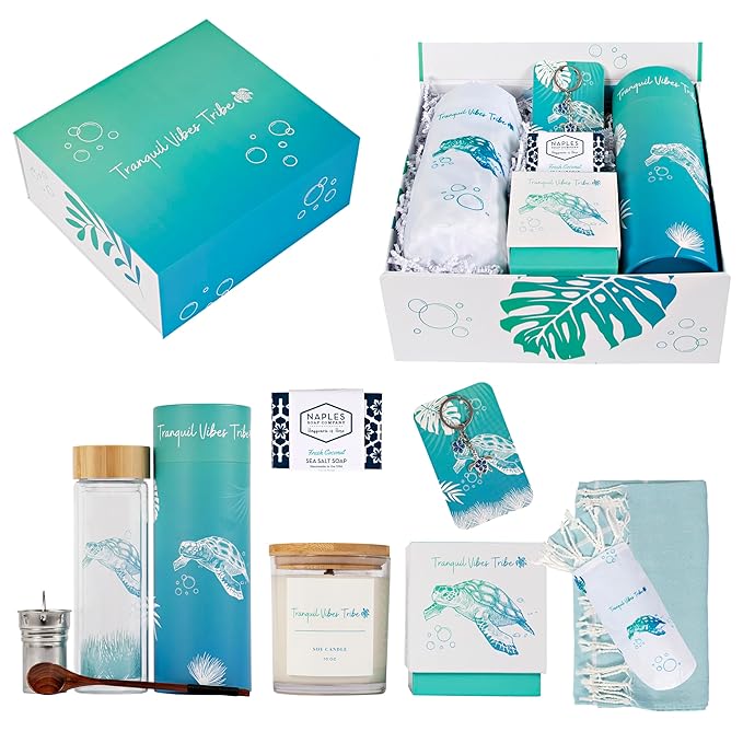 Tranquil Vibes Tribe™ Gift Set | Gifts for Women | 7 Piece Set | Hand Picked Beautifully Packaged | Luxury Spa Gift Featuring Naples Soap Company