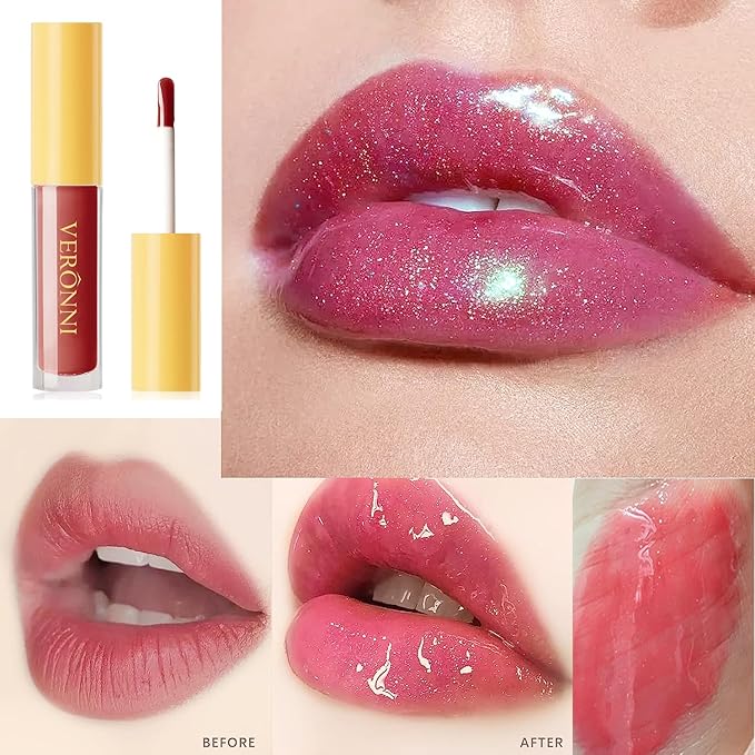 VERONNI 6 Colors Lip Tinted Stain Gloss Set,Hydrating Plumping Liquid Lipstick Set,Moisturizing Clear Lip Oil For Dry Lips,Nourishing Water Glossy Glass Lip Oil Gloss Lip Tint (6 Colors)