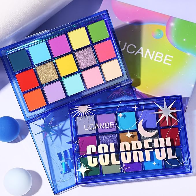 UCANBE Colorful Eyeshadow Palette, 15 Colors Vibrant Bright Shimmer Matte Metallic Neon Eye Makeup Pallet, Rainbow Green Pink Purple Orange Blue High Pigmented Sombras De Ojos Gift Kit