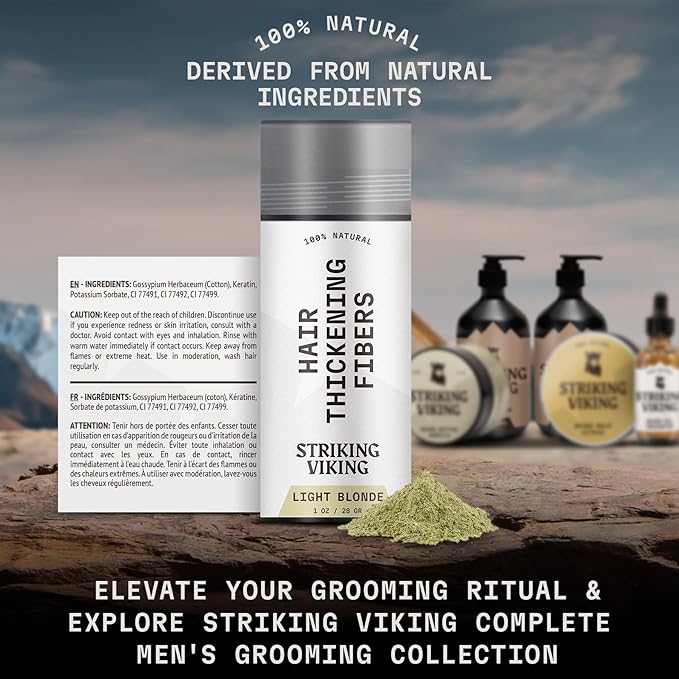 Striking Viking Hair Fibers for Thinning Hair - Building Fibers (Light Blonde) 28g - Naturally Derived Formula - Long Lasting Powder for Undetectable, Thicker Looking Results for Men & Women