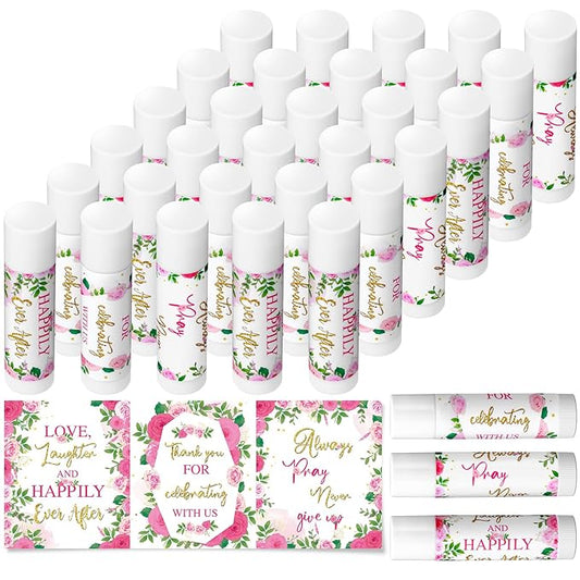 30 Pcs Wedding Lip Balms Bulk Wedding Bridal Shower Favors for Guests Wedding Souvenirs Moisturizing Floral Lip Balm Thank You Gifts for Bachelorette Party Bridesmaid Baby Shower, Pink Flower