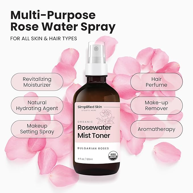 Rose Water Spray for Face & Hair - Organic USDA Certified Rosewater Facial Toner - Alcohol-Free Makeup Setting Hydrating Face Mist - Anti-Aging Toner Spray - 2 Pack