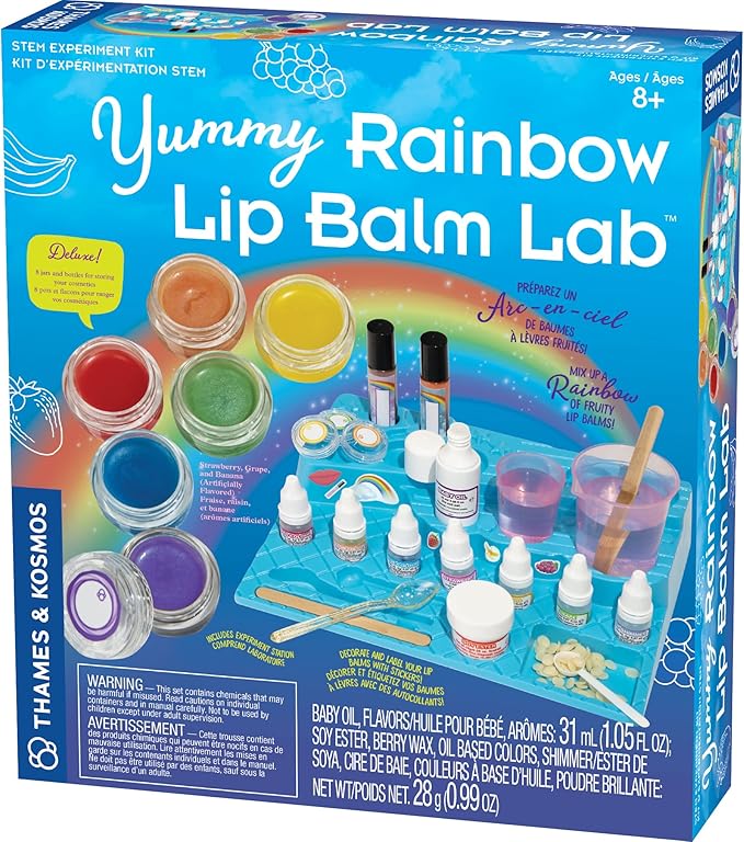 Thames & Kosmos Yummy Rainbow Lip Balm Lab STEM Kit | Make Lip Balms, Glosses | Strawberry, Grape, Banana Flavors & Cosmetic Jars | Chemistry & Biology of Skin Care | 2-Language (EN/FR)