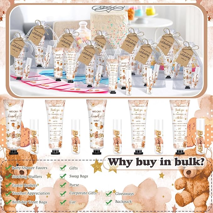 50 Sets 200 Pcs Baby Shower Hand Lotion and Lip Balm Gift Theme Baby Shower Party Favors Travel Size Hand Lotion and Lip Balm Bulk with Organza Bags Tags(Bear)