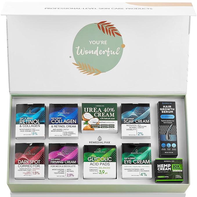 Skincare Gift Set, 10 Anti-Aging Beauty Products for Women & Men, Facial Creams & Moisturizers, Hair Growth Serum, & Hemp Cream, for Hair, Neck, Dark Spots, Scars, Dark Circles, & Dry Skin