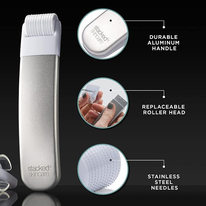 StackedSkincare Microneedling Roller with Replaceable 0.2mm Stainless Steel Needle Head - Gentle Micro Needle Roller for Face, Scalp & Body - Ergonomic Aluminum Handle for Smooth, Even, Radiant Skin