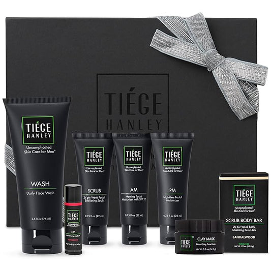 Tiege Hanley Mens Skin Care Gift Box Set, Silver - Men's Skincare Set Includes Face Wash, AM & PM Facial Moisturizer, Face Clay Mask & Scrub, Body Scrub Bar, & Moisturizing Lip Balm