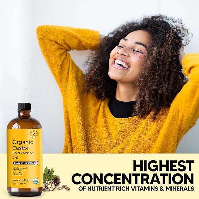 Zen Routine Organic Castor Oil (BIG Glass Bottle - 32oz) Hexane Free – Hair Growth Oil, Eye Lashes & Stomach – Pure 100% Cold Pressed Unrefined Oil for Castor Pack – USDA Certified, Made in the USA