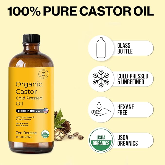 Zen Routine New (Glass Bottle) Organic Castor Oil 16oz – Hexane Free – Hair Growth Oil, Eye Lashes & Stomach, 100% Cold Pressed Unrefined Pure for Castor Pack Wrap – USDA Certified, Made in the USA
