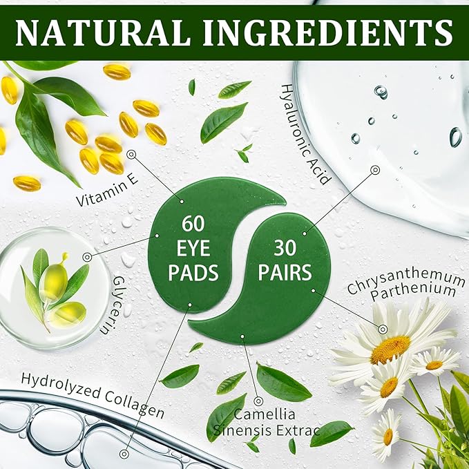 Under Eye Patches, Eye Masks, 30 Pairs Collagen Patches for Nourish Firming Repair for Fine Lines, Wrinkles, Dark Circles Bags Eye Treatment, Improve Lines Puffiness for men women (Green Tea)