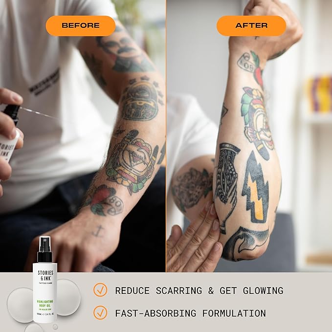 Stories & Ink Tattoo Care | HIGHLIGHTING BODY OIL for healed skin - Refreshes Faded Tattoos for Instant Tattoo Glow, 100 mL / 3.4 Fl Oz