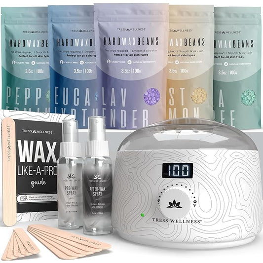 Tress Wellness Waxing Kit for Sensitive Skin – Safe for Face & Skin, Prep & Aftercare Spray, Easy to Use – At-Home Kit for Face, Bikini, Brazilian & Full Body, Black & White