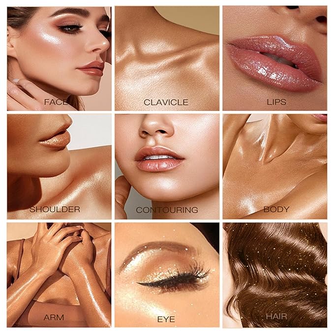 Shimmer Body Oil-Gold Face Brighten Glow Pearl Highlighter Liquid Illuminator Body Glow Oil,4 Color Bronze Makeup Glitter Body Shimmer Oil with Makeup Brush