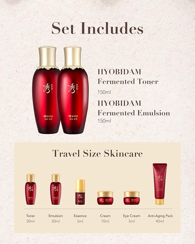 Sooryehan Hyobidam Fermented Skincare Gift Set (13.53fl oz) - Premium Korean Skin Care for Intense Hydration, Elasticity. Ginseng, Snow Fungus.