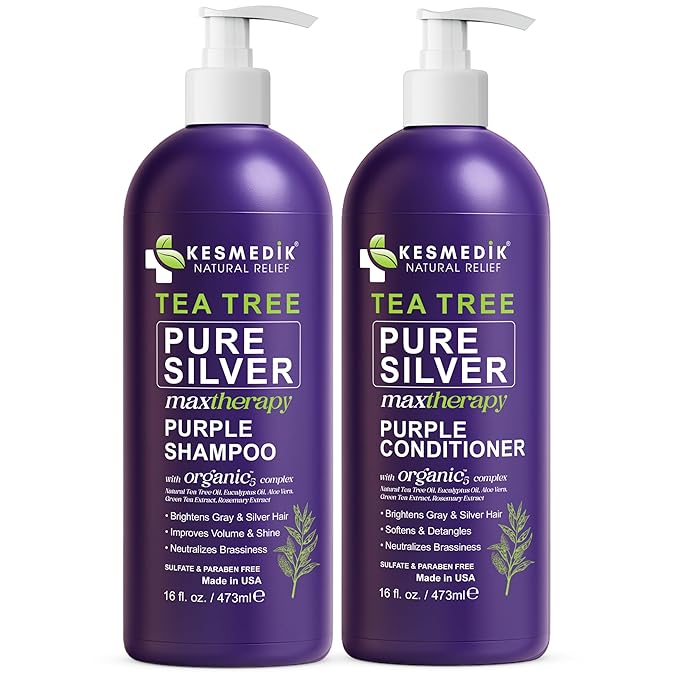Tea Tree Purple Shampoo & Conditioner Set for Blonde, Bleached, Silver & Grey Hair, Anti-Brass Toner, Boosts Highlights & Color, Revitalizes, Relieves Itchy Scalp & Salon-Grade Hair Toner.