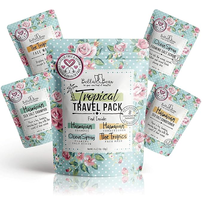 Bella & Bear Tropical Travel Pack, Self Care Kit, Includes Cruelty Free Shampoo, Conditioner, Body Scrub, Face Mask,1oz, Pack of 4
