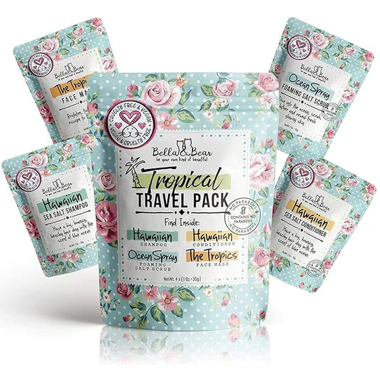 Bella & Bear Tropical Travel Pack, Self Care Kit, Includes Cruelty Free Shampoo, Conditioner, Body Scrub, Face Mask,1oz, Pack of 4
