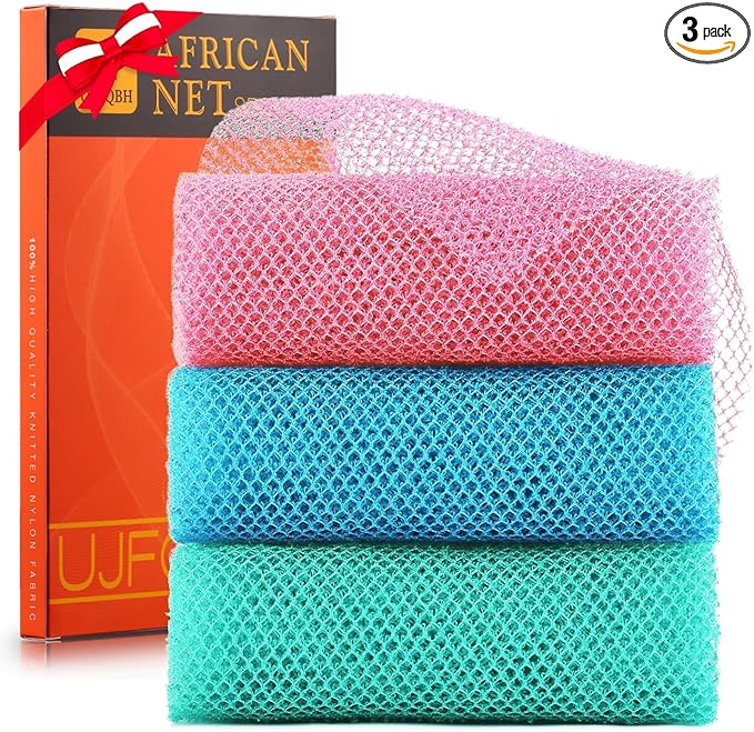 UJFQBH 3 Pieces African exfoliating net African Net Long Net Bath Sponge Exfoliating Shower Body Scrubber Back Scrubber Skin Smoother,Great for Daily Use (Pink, Blue, Green)