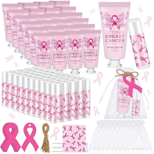50 Set Breast Cancer Awareness Gifts Bulk Woman Pink Ribbon Lip Balm Hand Cream Include 50 Lip Balm 50 Hand Cream 50 Bag 50 Tag Breast Cancer Awareness Month Items Survivors Offices