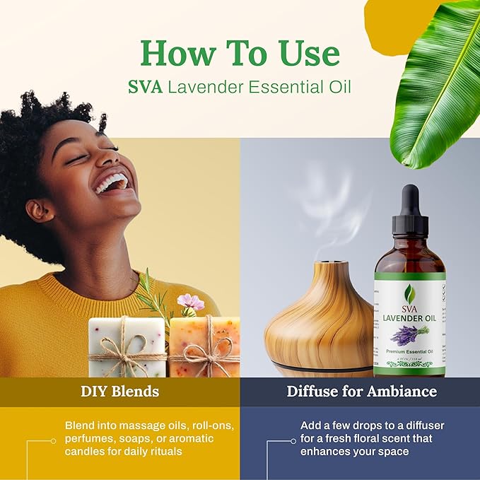 SVA Lavender Essential Oil – 4 Fl Oz – 100% Natural Lavender Oil - for Diffuser, Hair Care, Face, Skin Care, Aromatherapy, Scalp and Body Massage, Soap and Candle Making – with Dropper