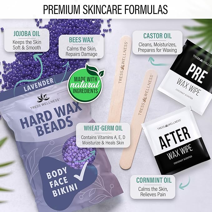 Tress Wellness Waxing Kit for Sensitive Skin – Safe for Face & Skin, Prep & Aftercare Spray, Easy to Use – At-Home Kit for Face, Bikini, Brazilian & Full Body – Black, No Display